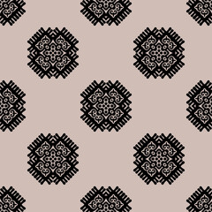 Decorative Asian folk seamless pattern. Repeating background in nomad style. Colored fabric swatch with surface design, minimal print on wallpaper, fabrics, gift wrap, templates. Vector.