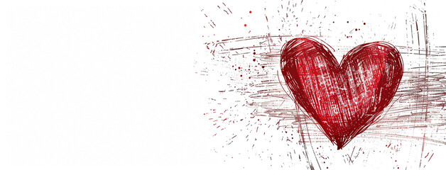 wide horizontal valentine day background image of maroon color abstract heart shape line drawing sketch drawn on a white background with empty space for texts