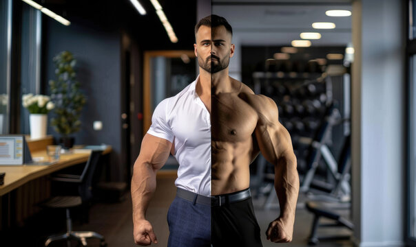 Vertically split photography of the same man. A muscular man is wearing office attire with office in the background and man is wearing fitness attire with gym in the background