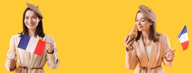 Collage of young French woman with national flags and tasty croissant on yellow background