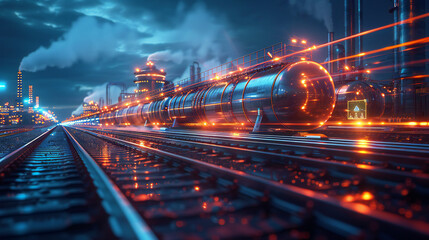 power plant refinery with storage tanks facility for oil production or petrochemical factory infrastructure and oil demand price chart concepts as wide banner with copy space