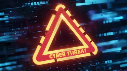 holographic warning triangle for cyber threat glowing red yellow digital textures signs dark background defense