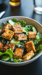 Fototapeta premium A bowl of salad with halloumi and vegetables on a table