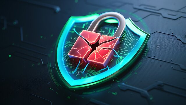 holographic broken pad lock with shield symbolizing cyber threat glowing blue green accents digital circuitry

