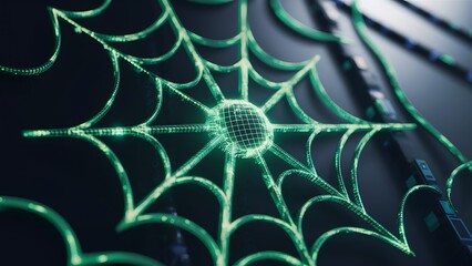 holographic spider web symbol representing cyber threat glowing green digital strands nodes dark background