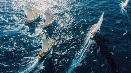 Obraz premium Regatta of sailing ships with white sails on the high seas. Aerial view of a sailboat in a windy state, Summer journey, Generative AI