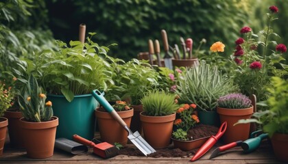 Fototapeta premium Bright potted flowers and green plants with gardening tools, showcasing a lively and well-tended garden, perfect for any plant lover or horticulture enthusiast