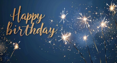 A blue background with the words "happy birthday" in golden cursive text, with sparkler elements on each side of it Generative AI