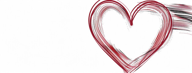 wide horizontal valentine day background image of maroon color abstract heart shape line drawing sketch drawn on a white background with empty space for texts