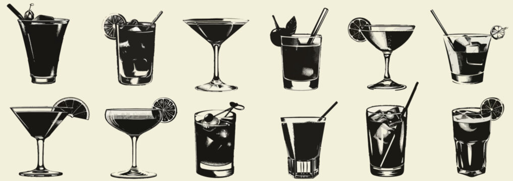 Trendy grunge texture set summer cocktail. Dotted stipplism photocopy texture. Y2k vintage elements for banner or poster,  corporate identity, social media advertising, promo.