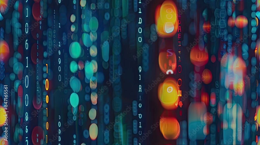 Fototapete digital data technology with binary code and a network of digital particles on a dark blue backdrop, conveying a futuristic cyberspace concept for web design or cyber security. SEAMLESS PATTERN