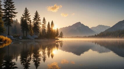 Fototapeta premium Hyperrealistic Style: Serene Sunrise Over Misty Lake with Reflections of Trees and Mountains