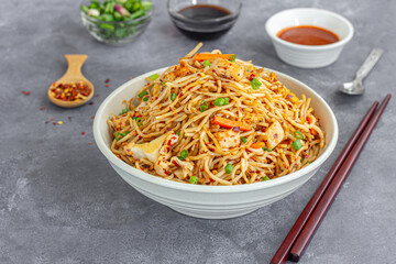 Chicken Chow Mein, Chicken Noodles Garnished with Scallion Served with Condiments, Popular Chinese Take Out Photography
