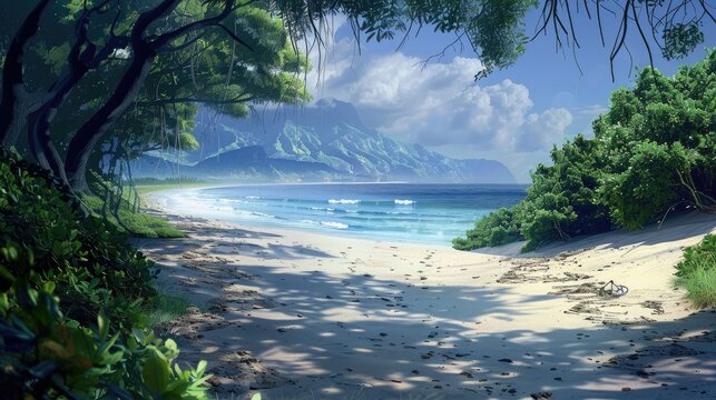 A serene beach scene depicted in artwork