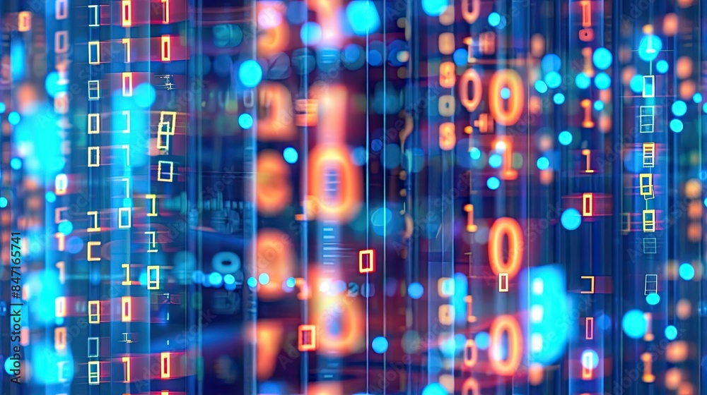 Fototapete digital data technology with binary code and a network of digital particles on a dark blue backdrop, conveying a futuristic cyberspace concept for web design or cyber security. SEAMLESS PATTERN