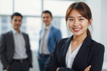 Portrait of happy Asian businesswoman in a business suit is smiling at the camera. She is surrounded by two men in suits