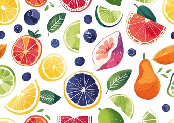 Colorful Fruits Pattern with Citrus, Berries and Leaves.