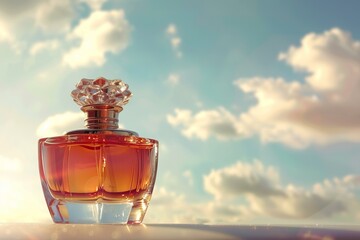 Luxurious perfume bottle sparkling in the sun with a blue sky and clouds as a background