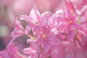 Fototapeta premium Soft pink lilies blooming in a garden with a shallow depth of field