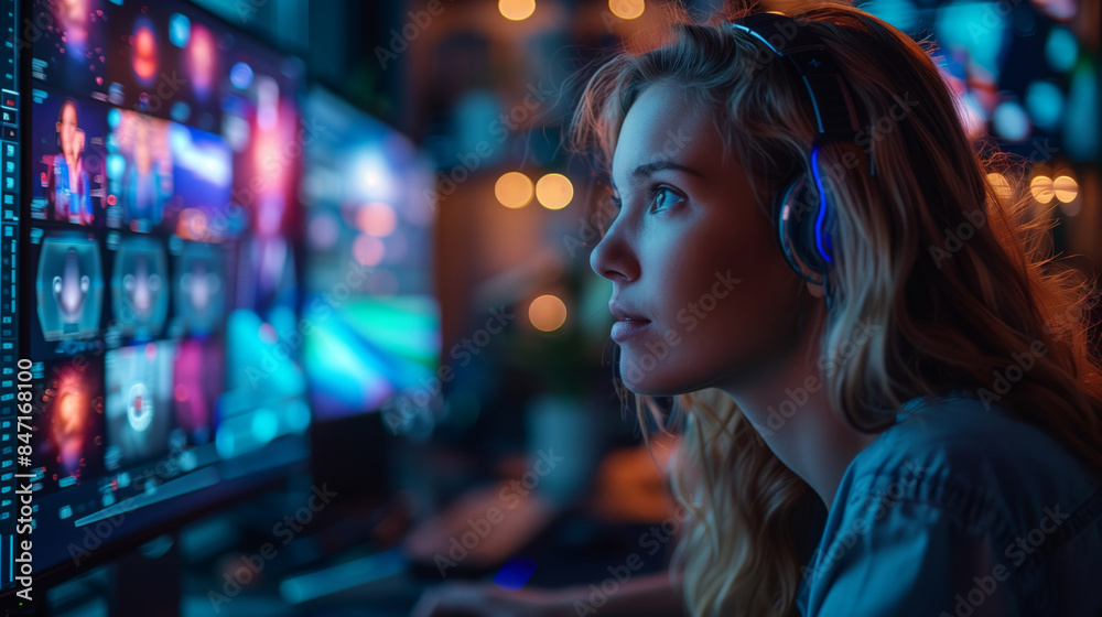 Poster A woman with headphones on sits in front of a computer screen, participating in a virtual support group meeting. The screen displays a grid of colorful images.