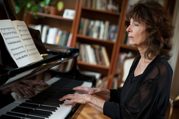 A woman is captured mid-performance at her grand piano, with sheet music displayed on top. The living room setting includes a well-stocked bookshelf, adding a sense of personal tou