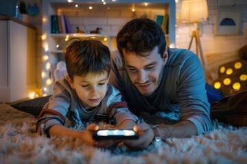Little boy watching cartoon movie on smartphone with father, lying on floor in kids room. Dad explaining technology to son, digital literacy for kids.