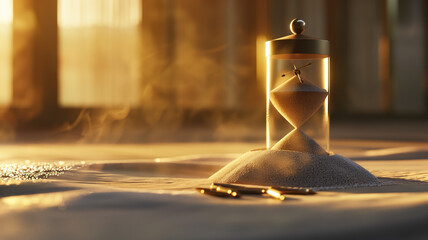 Sand clock sitting on top of table next to pile of pennets. Generative AI.
