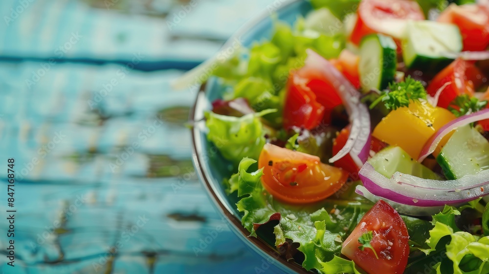 Wall mural fresh vegetarian salad displayed on a light blue wooden table photographed up close