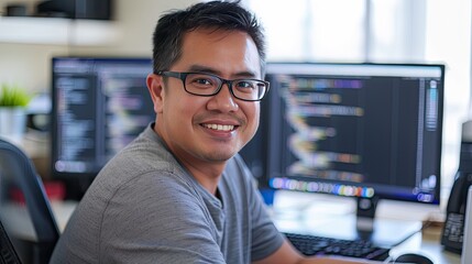 a smiling software developer at his desk, surrounded by computer monitors displaying code, in a wide-angle shot against a white office backdrop.