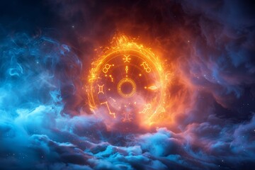 Fototapeta premium Flaming Zodiac Wheel in Cosmic Clouds