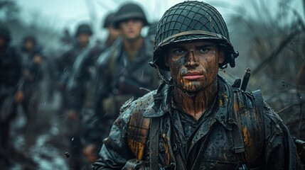 Close Up of Mud-Covered Soldier During Battlefield Advance