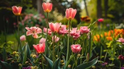Obraz premium Blooming pink tulip flowers in late spring