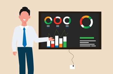 Business meeting about growth. Meeting announcement banner with Employee giving briefings on current growth, strategies with growth bars, pie charts on screen. Conceptual banner on business meetings