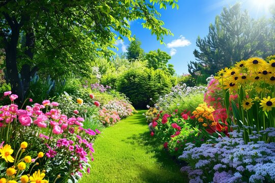Lush green grass growing on a path leading through a garden full of colorful flowers