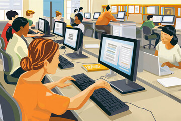 A bright clipart of a computer lab with students typing on keyboards, staring at monitors, and a teacher helping a student with their project