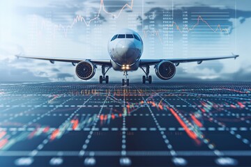 Jet airliner on digital financial chart runway
