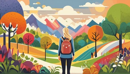 Solo female traveler in the mountains- colorful conceptual artistic photo with copy space 