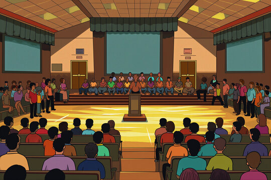 A vibrant clipart of a school assembly in a large auditorium, with students seated on the floor, a principal speaking at a podium, and teachers standing by