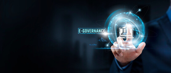 E-Governance: Modernization, Efficiency. Businessman Touching E-Governance Interface and Global Network. Transparency, Accessibility.