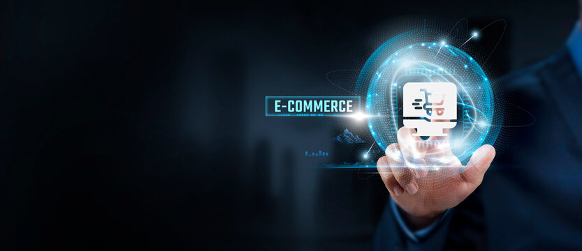 E-commerce Evolution: Businessman Touching E-commerce Solutions and Global Network. Innovation, Connectivity.