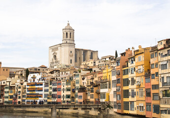Fototapeta premium View of the old town and bridge on a summer day. Girona. Spain.
