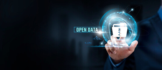 Open Data, Accessibility: Businessman Touching Open Data Icon and Global Network. Transparency, Collaboration.