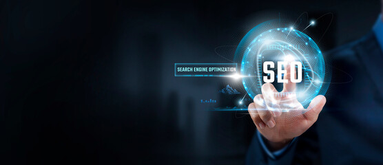 SEO Strategy: Businessman Touching SEO Optimization Icon and Global Network. Visibility, Rankings.