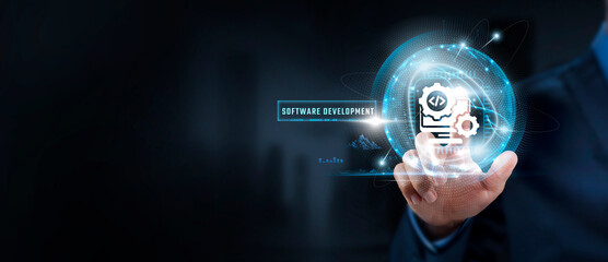 Software Development, Innovation: Businessman Touching Software Development Icon and Global Network. Creativity, Progression.