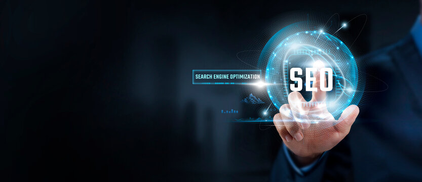 SEO Strategy: Businessman Touching SEO Optimization Icon and Global Network. Visibility, Rankings.