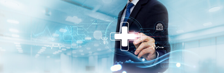 Healthcare Business Graph and Data of Healthcare Business Growth, Innovation. Businessman Touches...