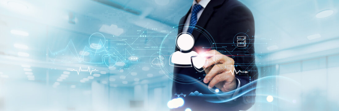 Privacy: Business Graph and Data of Privacy-Focused Business Growth, Confidentiality. Businessman Touch and Analyzing Data Growth of Secure Environment, Trust, Protection.