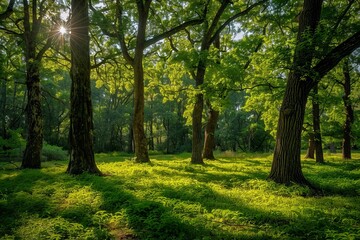 Naklejka premium Sun rays shining through trees in a green forest with ferns covering the ground