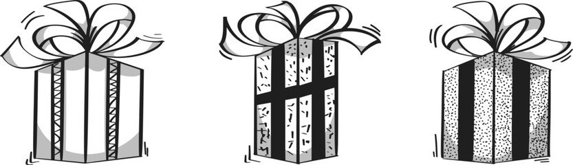 Collection of gift boxes illustrations. Line art, doodle, hand drawn, comics styles. Vector format.