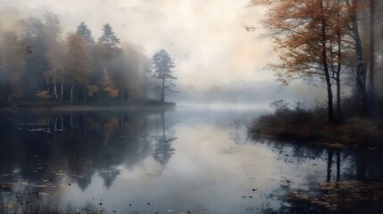 Obraz premium A painting of a lake with trees in the background